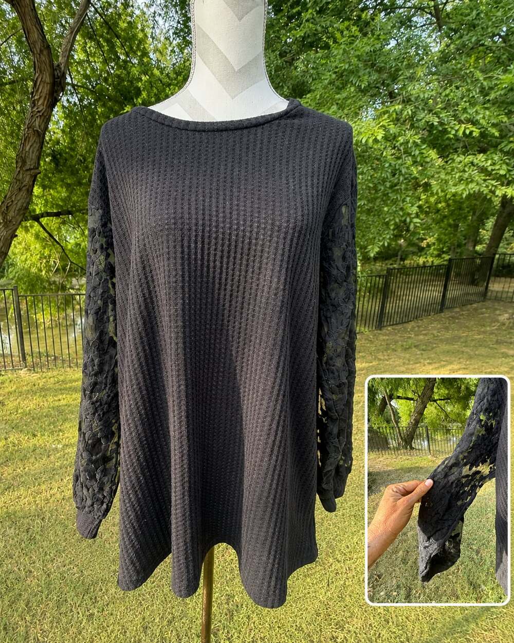 Grace & Emma 2XL Black Knit Foral Lace Long Sleeve Top